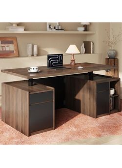 #D 71" One-Piece Executive Standing Desk, 3 Drawers, Black Walnut