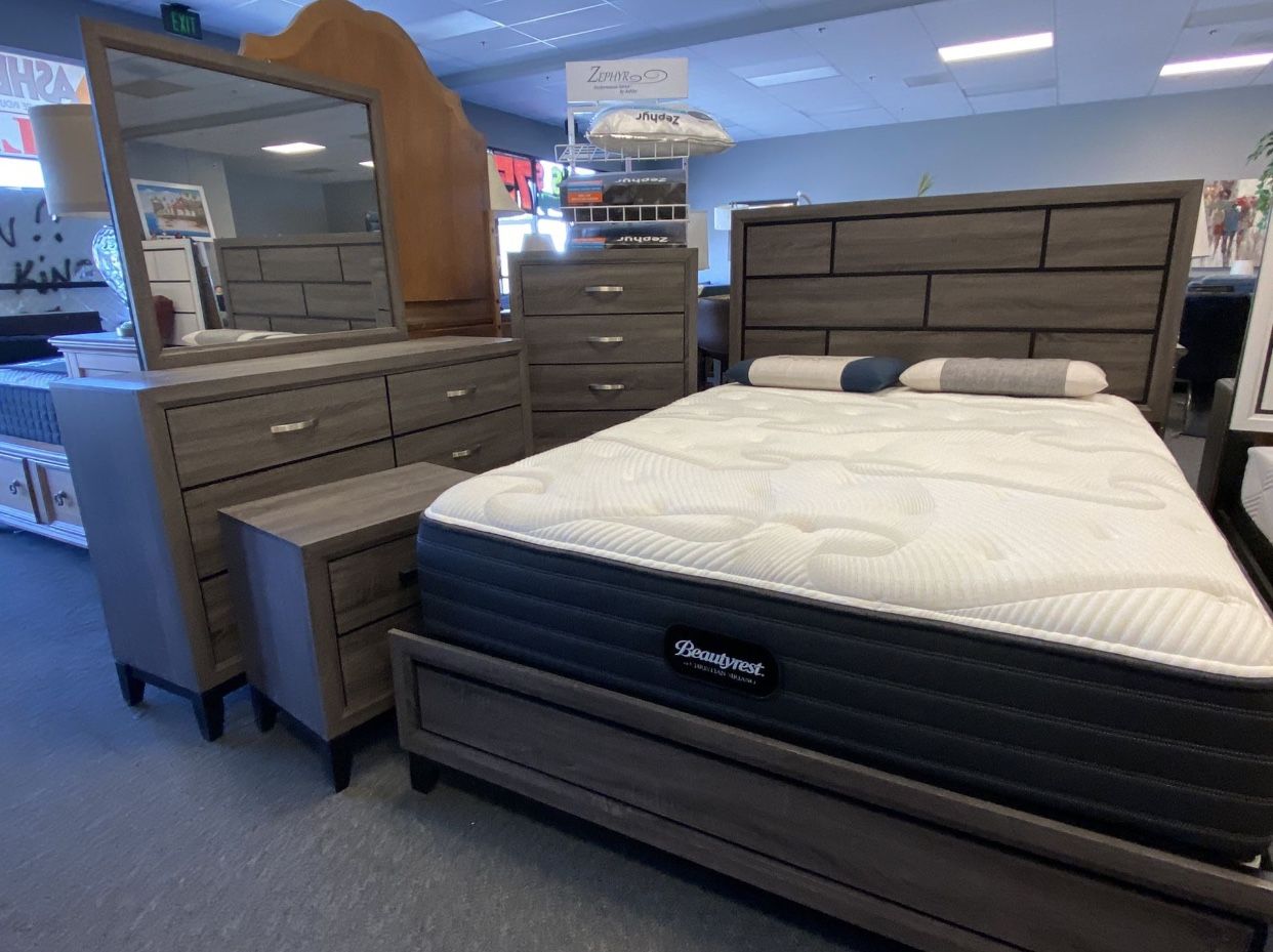 Queen Gray 4pc Bedroom Set Bed Dresser Mirror Nightstand