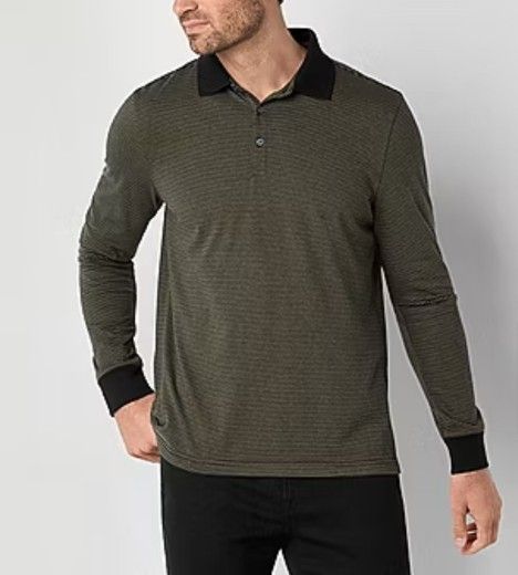 Men's Olive Green Mini Striped Jersey Knit Long Sleeves Polo Shirt