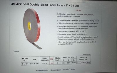 3M 4991 VHB Double-Sided Foam Tape - 1"x 36 yds