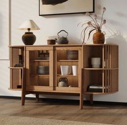 59" Sideboard Buffet Cabinet with Storage and 2 Glass Door, Open Storage and Wood Legs，IF2144