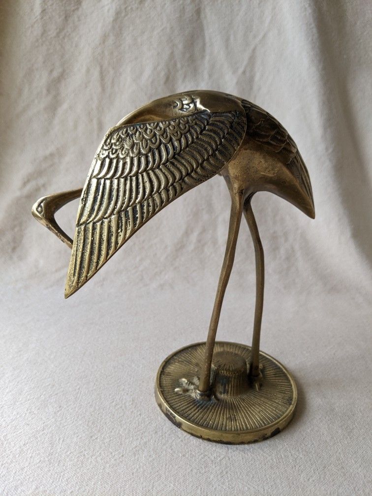 Vintage Brass Crane Heron Statue Beach Coastal Bird Decor 7.1"