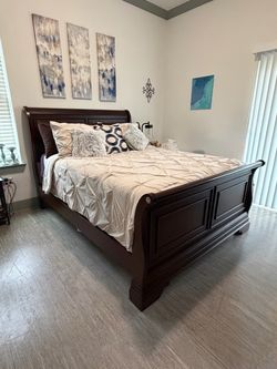 Queen Dark Wood Sleigh Bed Frame – Paneled Headboard & Footboard