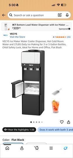 VECYS Water Dispenser with Built-In Ice Maker – Hot, Cold & Room Temperature Water – Black