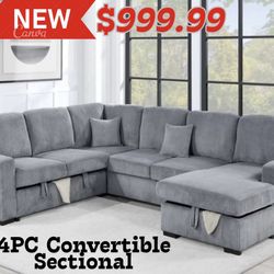 New Fog Gray Sleeper Sofa With Chaise Storage & Usb Port 