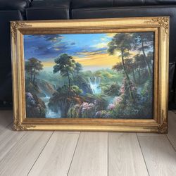 Vintage W. Riley Signed 24x36 Waterfall Landscape Painting – Ornate Gold Frame