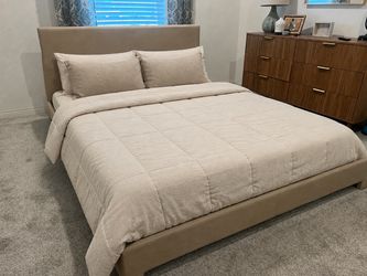 Beige Upholstered Platform Bed Frame