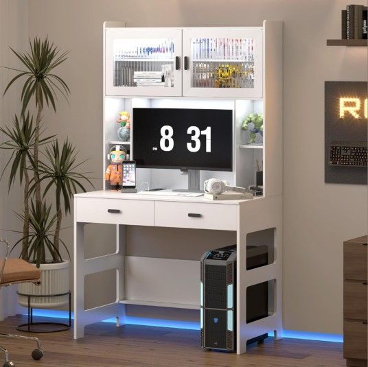 LVSOMT Home Office Desk with Hutch, Modern Computer Gaming Desk with LED Lights & Power Outlets, Gray Study Table with Storage Shelves