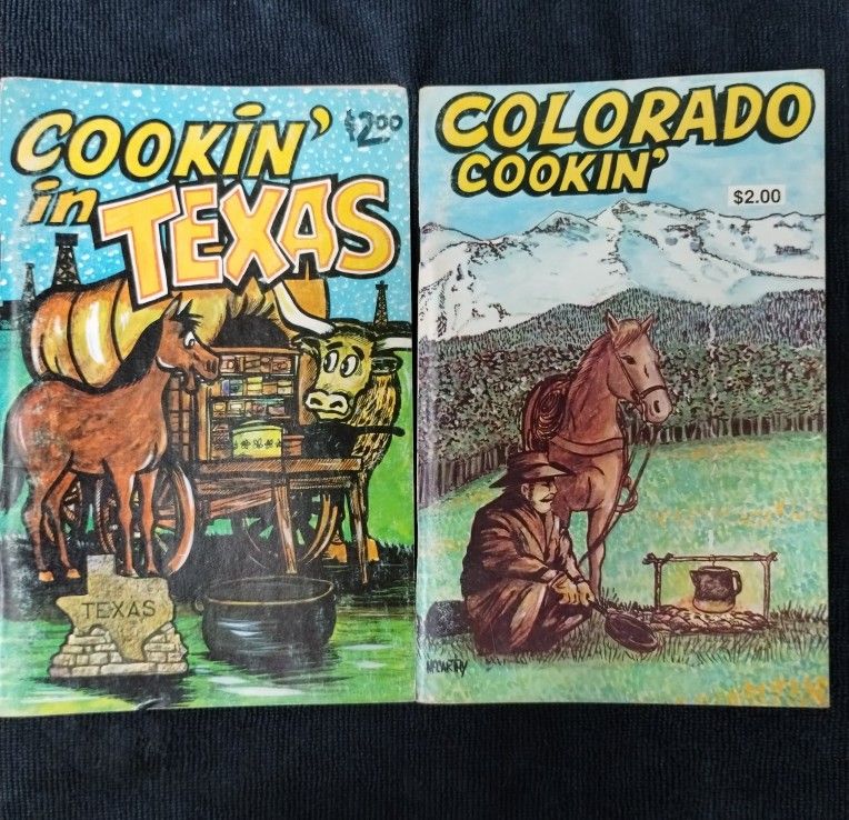 Vintage 1970's state/regional cookin' novelty cookbooks - Texas, California, Arkansas, Colorado, Mexico