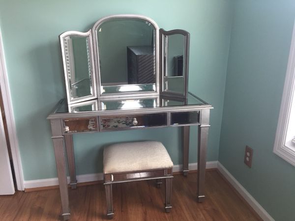 Hayworth Mirrored Vanity Desk With Mirrored Stool For Sale In