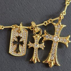 Chrome Hearts Cross Pendant Charm Necklace Chain Dogtag Yellow Gold Plated 