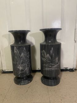Pair of Black Marble Vases with Landscape Engraving