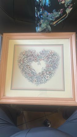 Peach framed heart wreath matted, w/ glass & wood frame