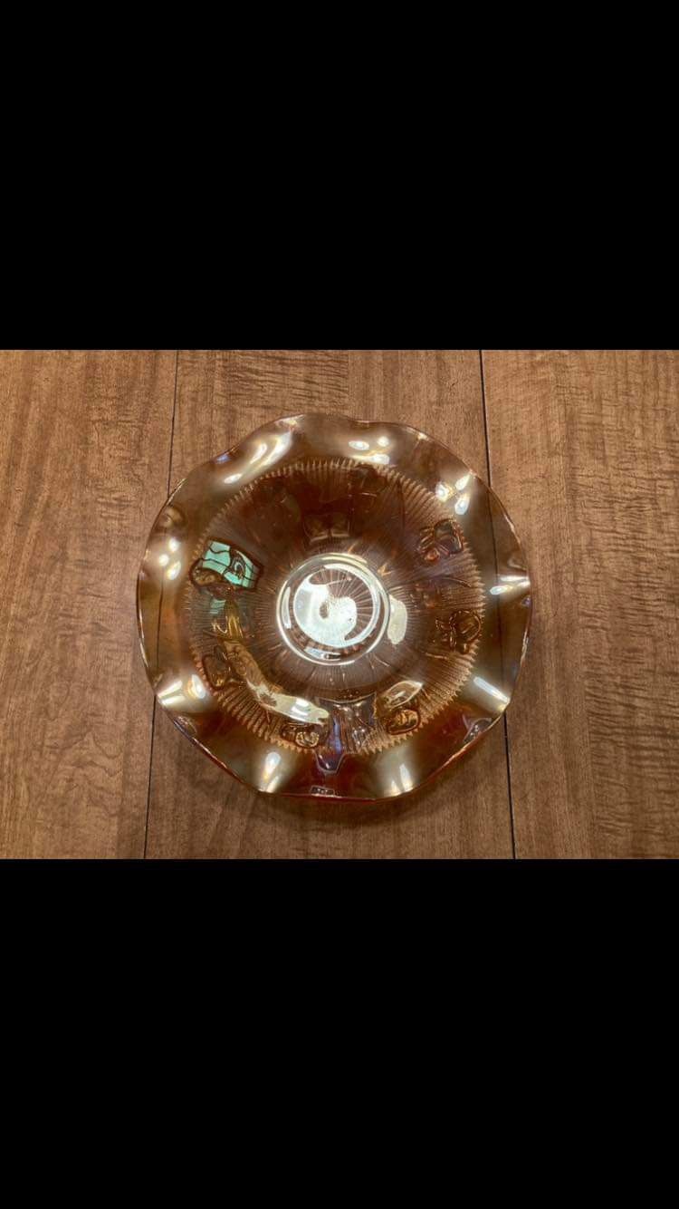 Iris & Herringbone Carnival Glass Ruffled Bowl