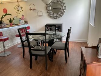 Beautiful 4-Chair Dining Set + Decorative Mirror & Grey Buffet Cabinet