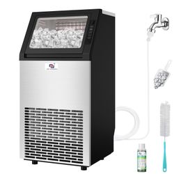 Freestanding Ice Maker Machine - 100 lbs/Day Under-Counter Stainless Steel Ice Maker w. 26 lbs Storage, Self-Cleaning, Water Line Inlet for Business