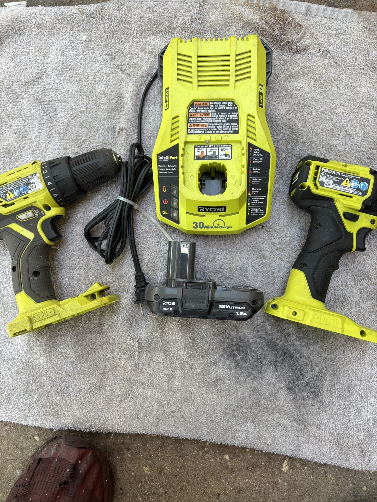 Ryobi 18V Drill Bundle-Clean-1/2” Drill-Driver, 1/4”Brushless Impact, 30 Min Fast Crgr./Battery