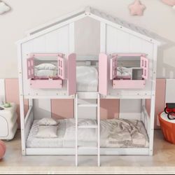Floor House Bunk Bed with Roof and Window,Built-in Storage Box,Wooden Guardrails with Door/Ladder,Low Bunker Bed Twin Over Twin