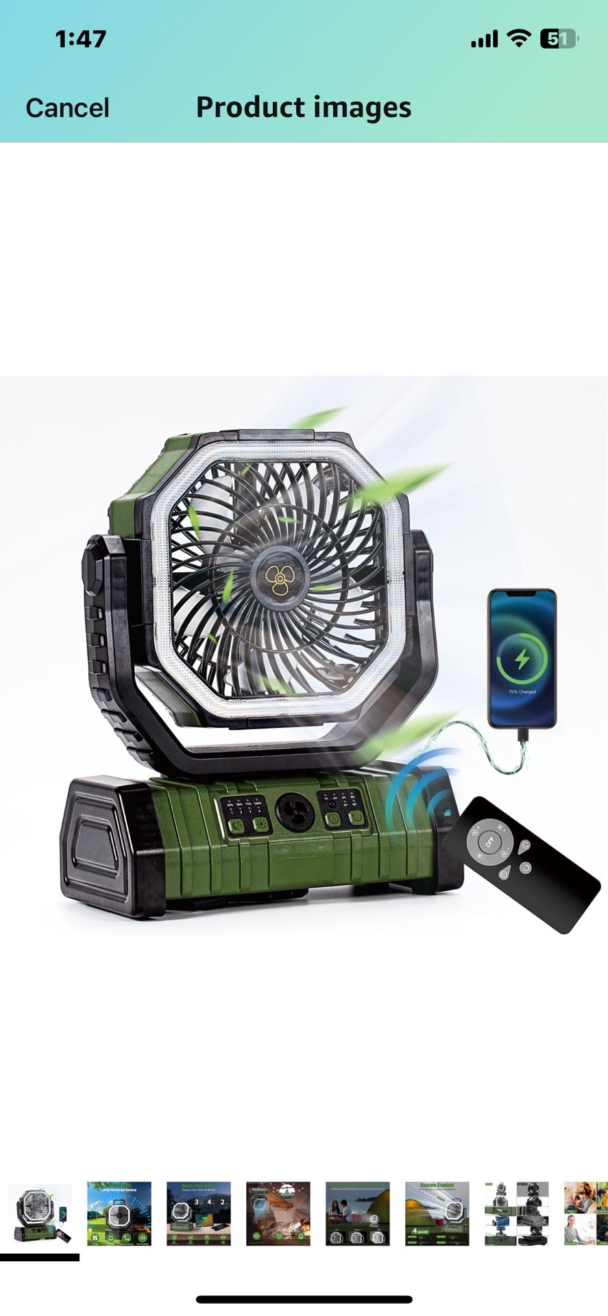 Rechargeable Operated Camping Battery Powered Fan with Hook&Bright LED Light,Remote Control Timer Auto Oscillation Cordless Outdoor Fan for Power Outa