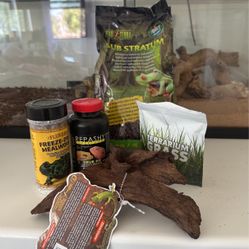 volcanic substrate, repashy, freeze dried worms/crickets, terrarium grass, wood decor, leopard gecko- TAKE TODAY