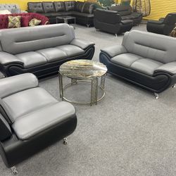 New In The Box 📦 Black Grey Leather Living Sofa Room Set 3pc - Delivery Available 