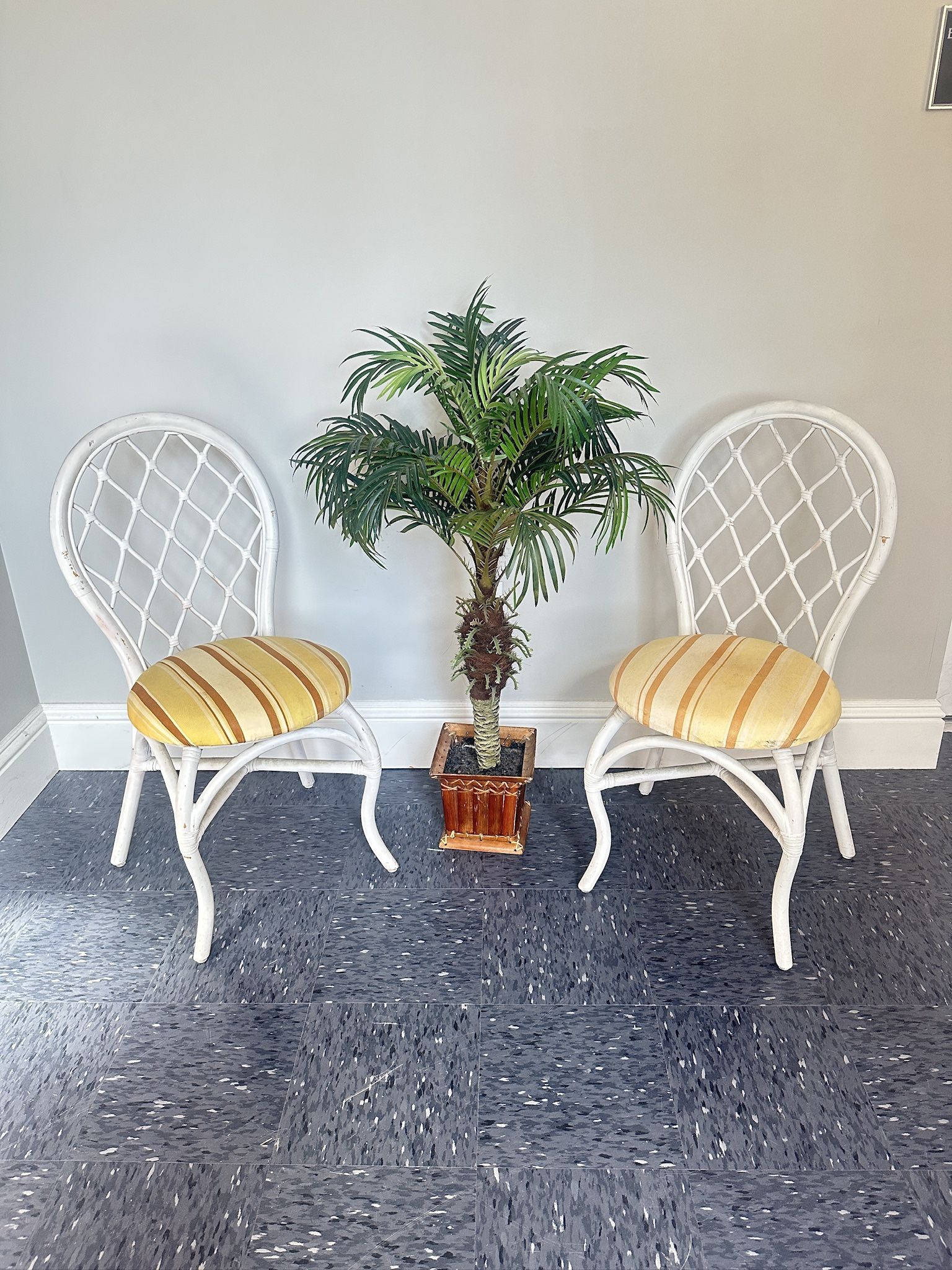 Vintage Pair Coastal Patio White Rattan Chairs 