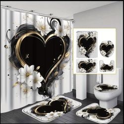 4Pcs Luxury Black Golden Heart & Floral Shower Curtain Set with Rug and toilet lid