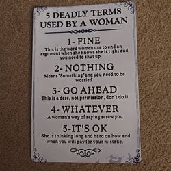 Metal Sign: 5 Deadly Terms a Woman Uses 