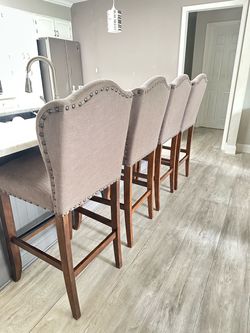 Set of 4 Upholstered Bar Stools with Nailhead Trim