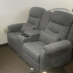 Loveseat Recliner Sofa with Console, Linen Double Wall Hugger Reclining Couch Manual Home Theater Seating 2 Person Recliner Chair with Cup Holders/Sto