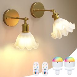 Vintage Battery Operated Wall Sconce with Frosted Glass Lampshade Wireless Rechargeable Wall Lights with Remote Control for Bedside Bedroom Living Roo