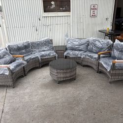 8 Piece Outdoor Patio Furniture Set, Half-Moon Curved Sectional Sofa Rattan Conversation Set with Wood Armrests, Coffee Table & Side Table,Grey