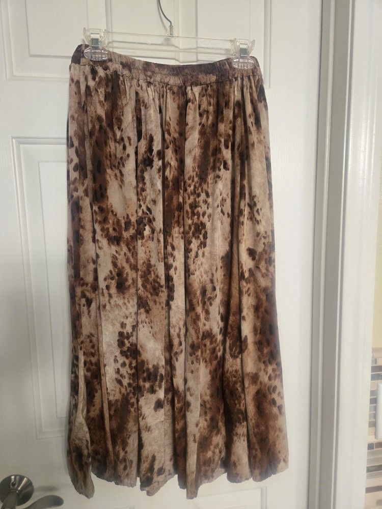 Long Flowing Tan & Brown Animal Print Pleated Midi Skirt Size L