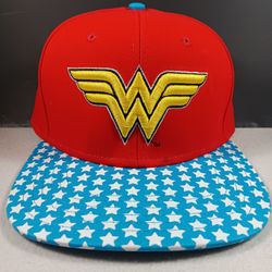 Women's Wonder Woman Cotton Flat Back Baseball Hat Cap Printed Denim Red Stars