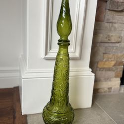 Vintage Green Italian Empoli Glass Vase with Stopper – Floral Swirl Pattern – 19” Tall – Good Condition