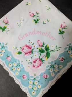 Grandmother Vintage Floral Hanky Pink Roses Aqua Scalloped Border LuRay Collection Cotton