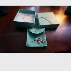 Tiffany Sterling Silver Charm Necklace Butterfly Flower Peridot Rhodolite Gems 