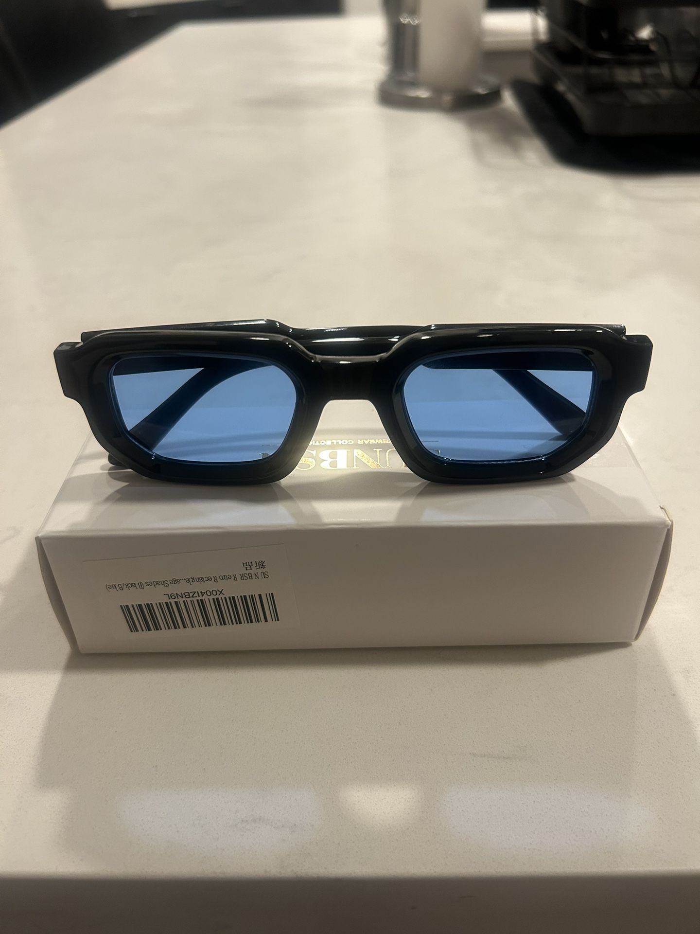 New Square Rectangle Retro Vintage Unisex Sunglasses (Black Frame/Blue Lens)