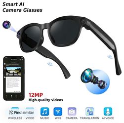 Casual Wearable AI Smart Glasses with Camera - 12MP HD Cam, Video/Photo Recording, Real-Time Translation, AI Assistant, Open Earmuff Design, Audio & O