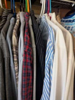 Men's L XL some tall,new and like new mostly long sleeve dress shirts