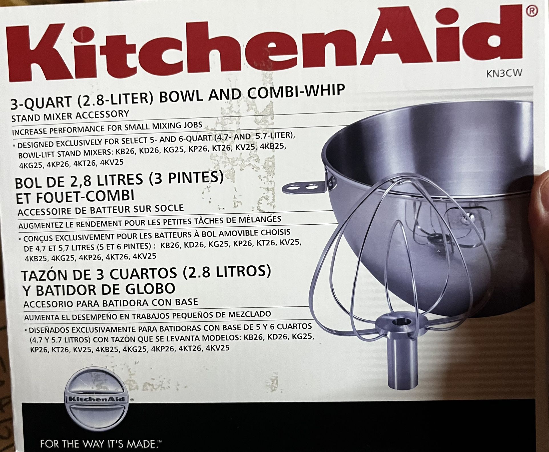 KitchenAid 3 Quart Stainless Steel Bowl and Combi Whip for 5- & 6-Quart Mixers