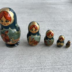 Vintage Russian Matryoshka Nesting Dolls Set of 5 Hand Painted Semyonov Folk Art