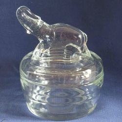 Vintage Jeannette Clear Glass Vanity Powder Jar Trinket Box with Elephant on Lid