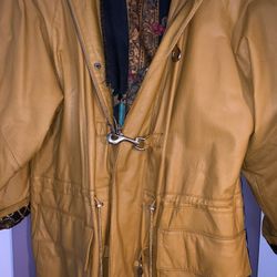 Women’s Leather Jacket With Beautiful Print Lining Zipper Snap And Buckle Closures Your Choice And Ability To Tighten At Waist Two Pockets In Front 