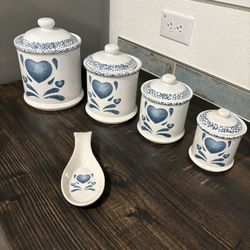 Beautiful Canister Set, spoon Lay ,cookie Jar, creamer,Serving Bowls, And Platter.