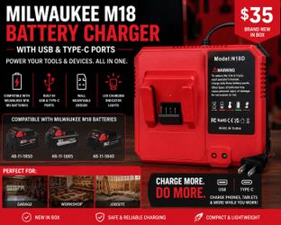 Battery Charger-Milwaukee 18 Volt M18 Battery Charger, Replacement M18 Charger with Built-in USB & Type-C Ports, Compatible with Milwaukee 18V Battery