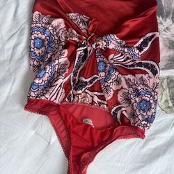 Free People Red blood orange strapless leaf Floral Lace blouse bodysuit