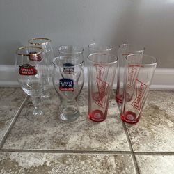 Set of 8 Beer Drinking Glasses - Stella Artois, Sam Adams, Budweiser