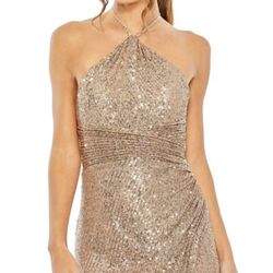 New Mac Duggal Halter Ruched Side Front Slit Copper Sequin Gown Dress in size 8