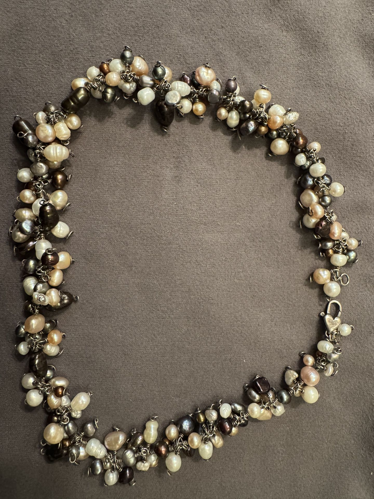 Boho Cluster Freshwater Pearl Choker Necklace – 15” Multicolor Baroque Pearls with Heart Clasp